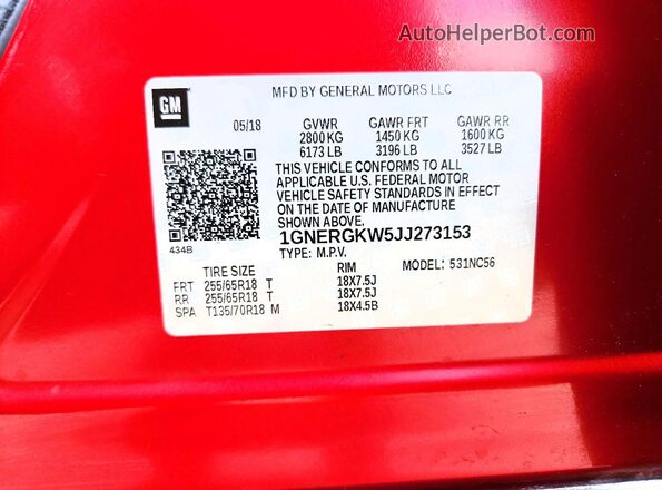 1GNERGKW5JJ273153 2018 CHEVROLET TRAVERSE Темно-бордовый Панорамный вид салона 360°