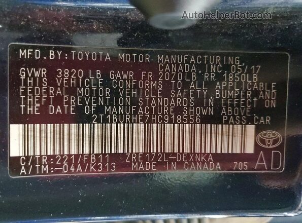 2T1BURHE7HC918556 2017 TOYOTA COROLLA Синий Вид наклейки с VIN-кодом