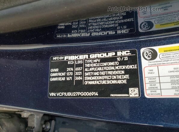 VCF1UBU27PG006914 2023 FISKER OCEAN Blue Vista de la etiqueta del VIN