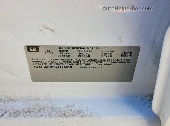 1G1JA6SH5G4174410 2016 CHEVROLET SONIC White VIN sticker view