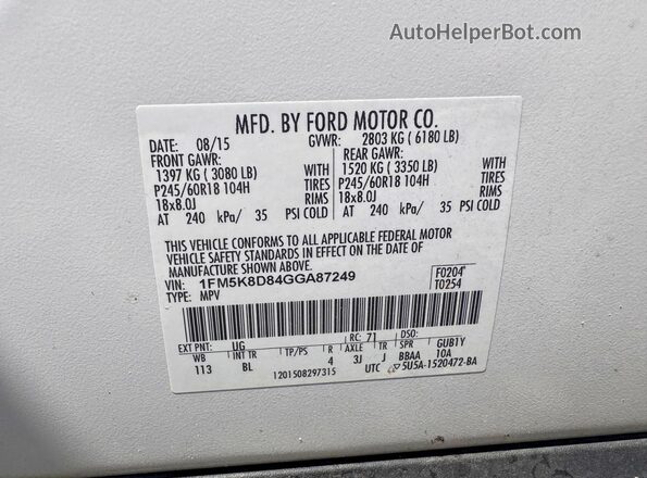 1FM5K8D84GGA87249 2016 FORD EXPLORER Белый Вид задних сидений