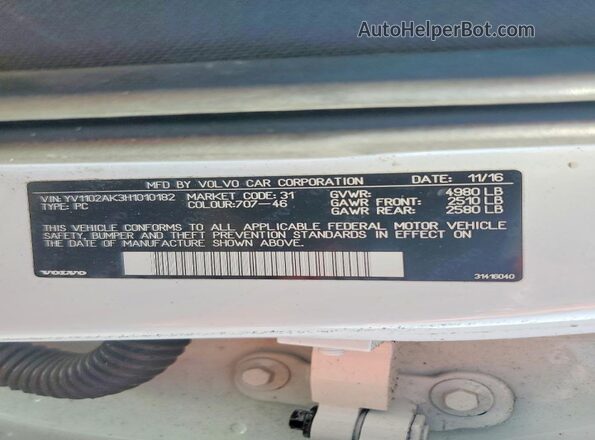 YV1102AK3H1010182 2017 VOLVO S90 White VIN կոդի պիտակի տեսք