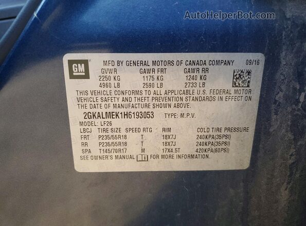 2GKALMEK1H6193053 2017 GMC TERRAIN Blue Вид наклейки з VIN-кодом