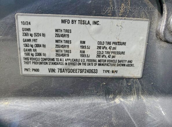 7SAYGDEE7SF240633 2025 TESLA MODEL Серебряный Панорамный вид салона 360°