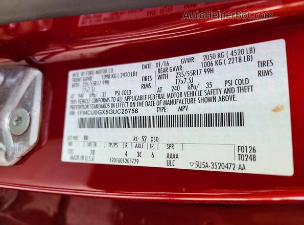 1FMCU0GX5GUC25758 2016 FORD ESCAPE Red Vista interior de 360 grados