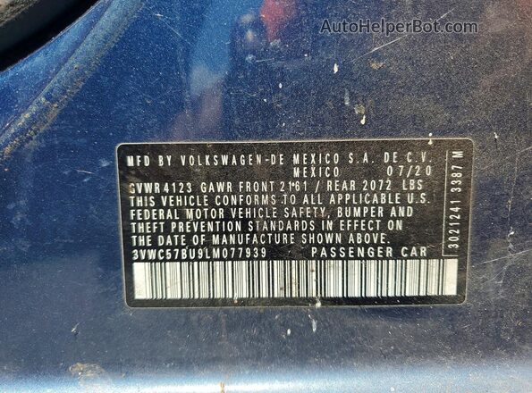 3VWC57BU9LM077939 2020 VOLKSWAGEN JETTA Blue Vista de la etiqueta del VIN