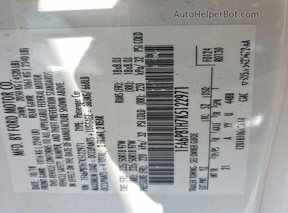 1FA6P8TH7K5122971 2019 FORD MUSTANG White VIN կոդի պիտակի տեսք