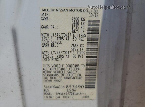 5BZAF0AA1JN853490 2018 NISSAN NV Белый Панорамный вид салона 360°