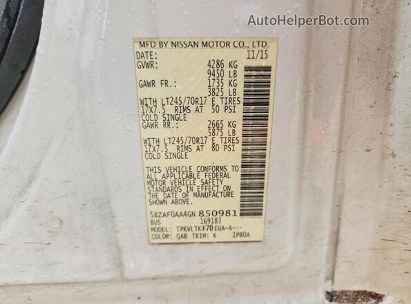 5BZAF0AA4GN850981 2016 NISSAN NV White VIN sticker view