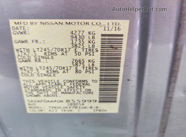 5BZAF0AA4GN855999 2016 NISSAN NV Серебряный Вид наклейки с VIN-кодом