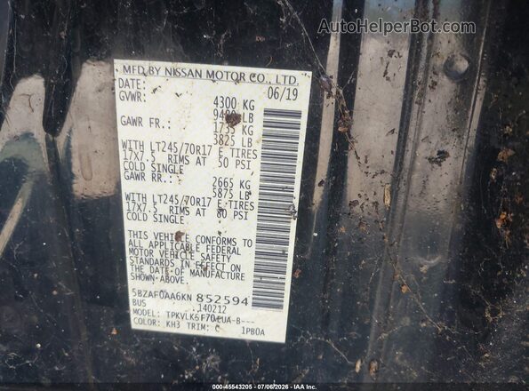 5BZAF0AA6KN852594 2019 NISSAN NV PASSENGER NV3500 HD Black ძრავის განყოფილების ხედი