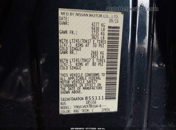 5BZAF0AA9GN855111 2016 NISSAN NV PASSENGER NV3500 HD Blue Вид підкапотного простору