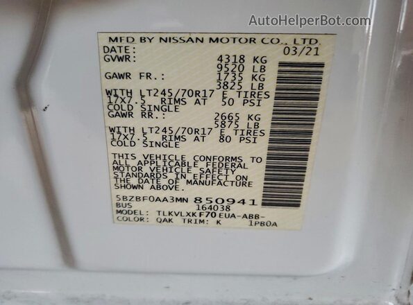 5BZBF0AA3MN850941 2021 NISSAN NV White Սալոնի 360 աստիճան տեսք