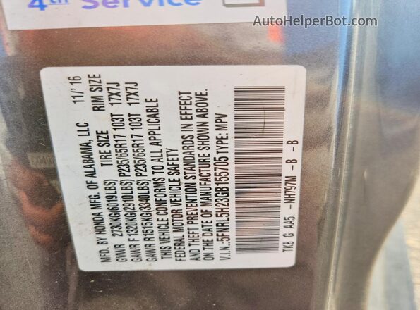 5FNRL5H23GB155705 2016 HONDA ODYSSEY Gray VIN კოდის სტიკერის ხედი