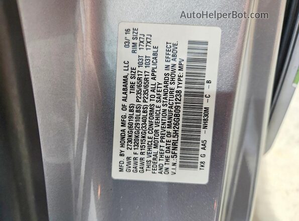 5FNRL5H26GB091238 2016 HONDA ODYSSEY Silver VIN sticker view