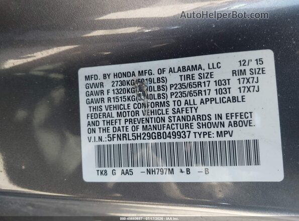 5FNRL5H29GB049937 2016 HONDA ODYSSEY Gray Widok komory silnika