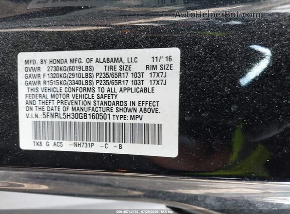 5FNRL5H30GB160501 2016 HONDA ODYSSEY Black Vista del compartimento del motor