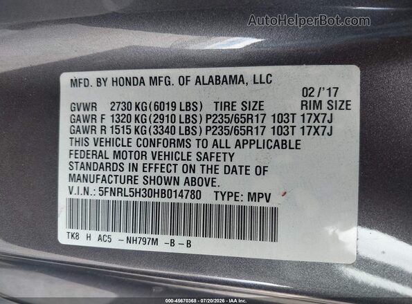 5FNRL5H30HB014780 2017 HONDA ODYSSEY Gray Engine compartment view