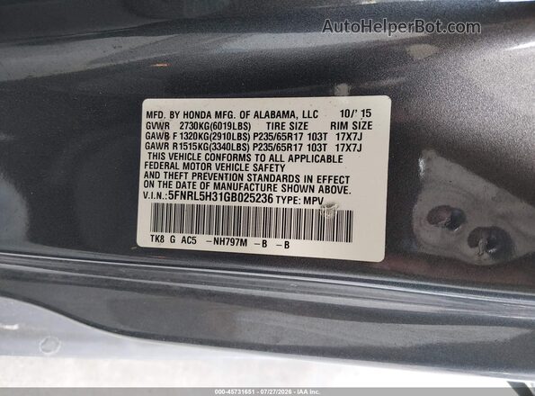 5FNRL5H31GB025236 2016 HONDA ODYSSEY Gray ძრავის განყოფილების ხედი