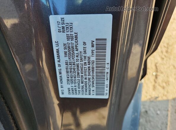 5FNRL5H31HB001763 2017 HONDA ODYSSEY Gray Vista de la etiqueta del VIN