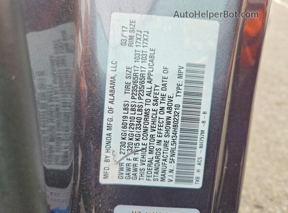 5FNRL5H34HB023210 2017 HONDA ODYSSEY Gray VIN sticker view