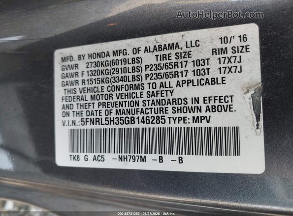5FNRL5H35GB146285 2016 HONDA ODYSSEY Серый Вид подкапотного пространства