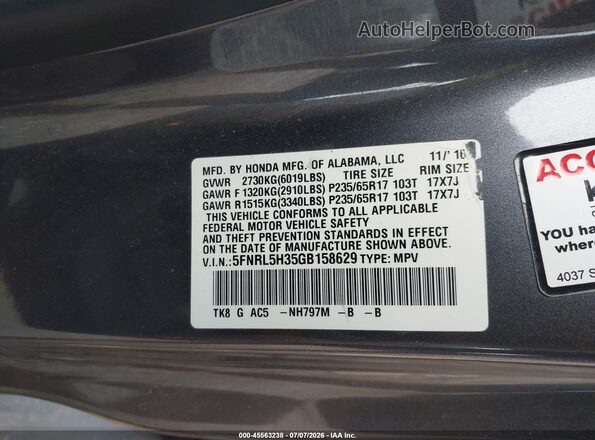 5FNRL5H35GB158629 2016 HONDA ODYSSEY Gray Engine compartment view
