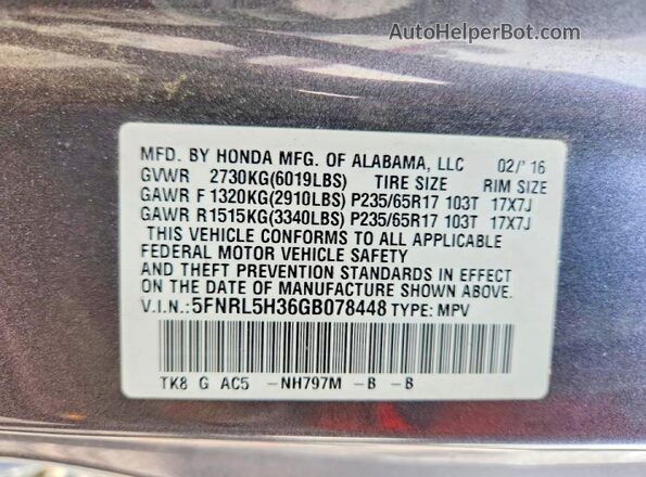 5FNRL5H36GB078448 2016 HONDA ODYSSEY Gray Widok wnętrza 360 stopni