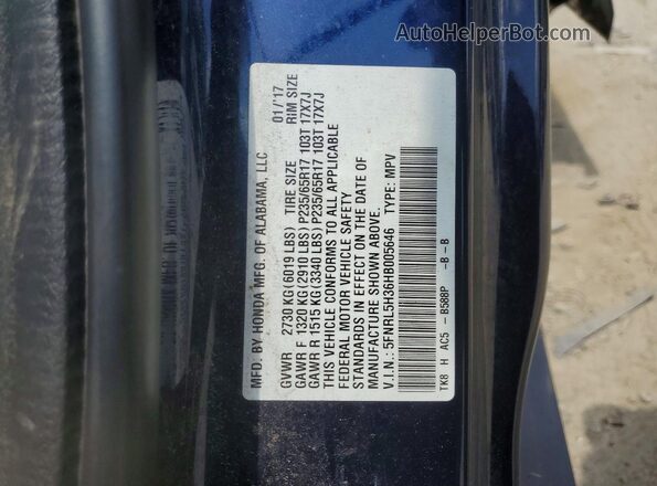 5FNRL5H36HB005646 2017 HONDA ODYSSEY Blue Вид наклейки з VIN-кодом