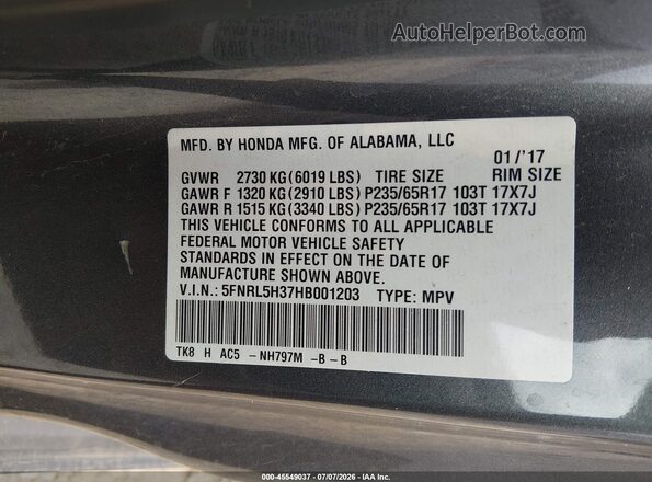 5FNRL5H37HB001203 2017 HONDA ODYSSEY Gray Շարժիչի բաժամունքի տեսք