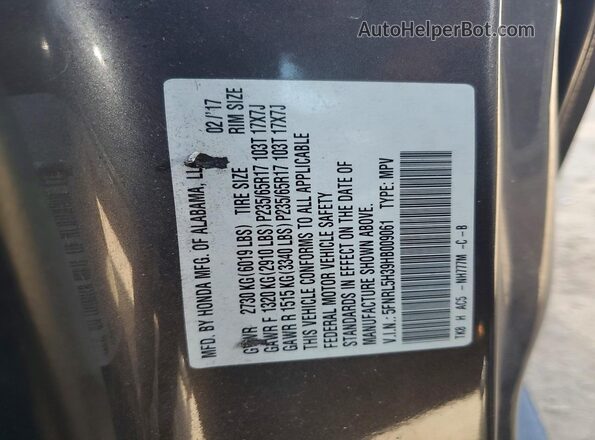 5FNRL5H39HB009061 2017 HONDA ODYSSEY Gray Вид наклейки з VIN-кодом