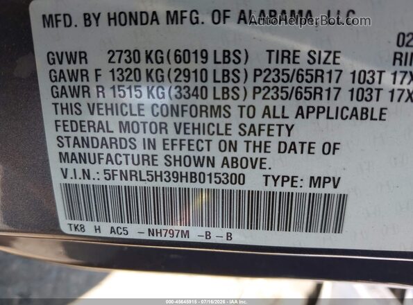 5FNRL5H39HB015300 2017 HONDA ODYSSEY Gray Вид підкапотного простору