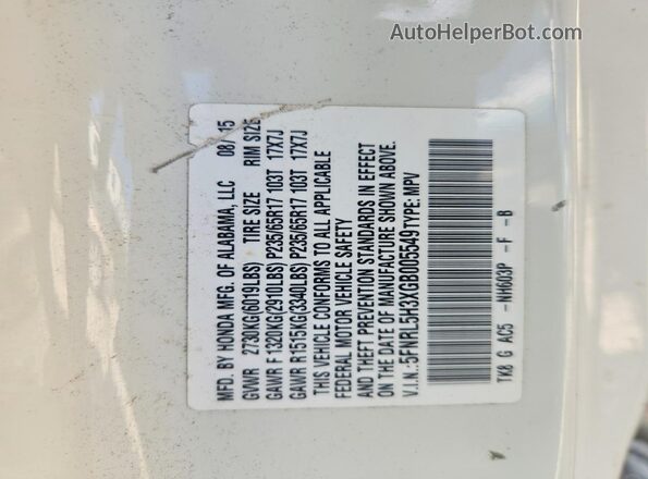 5FNRL5H3XGB005549 2016 HONDA ODYSSEY Белый Вид наклейки с VIN-кодом