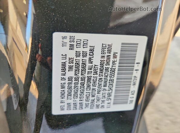 5FNRL5H3XGB155502 2016 HONDA ODYSSEY Black Vista de la etiqueta del VIN