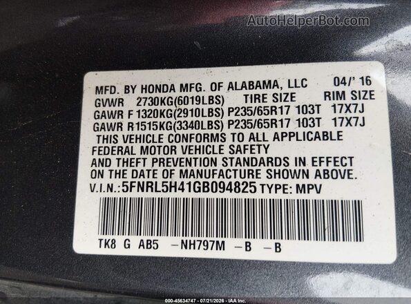 5FNRL5H41GB094825 2016 HONDA ODYSSEY Gray Widok komory silnika