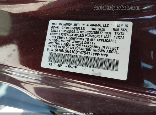 5FNRL5H41GB147541 2016 HONDA ODYSSEY Maroon Widok komory silnika