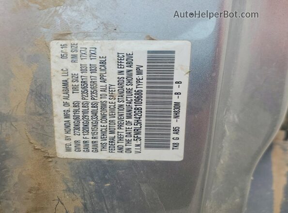 5FNRL5H42GB109686 2016 HONDA ODYSSEY Silver Vista de la etiqueta del VIN