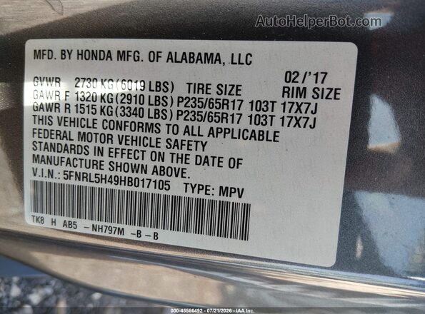 5FNRL5H49HB017105 2017 HONDA ODYSSEY Gray Engine compartment view