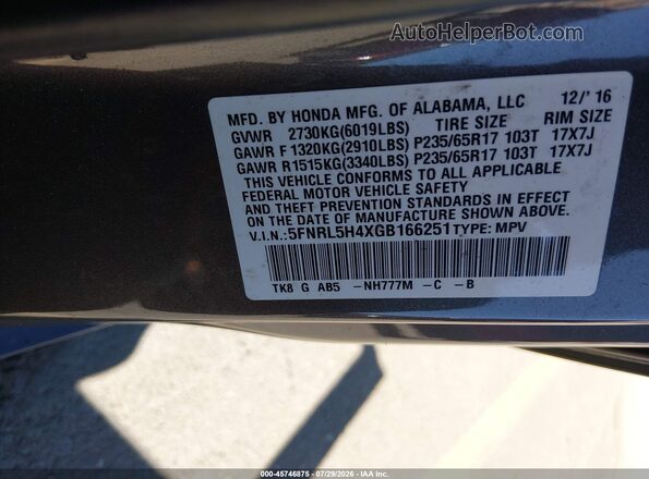 5FNRL5H4XGB166251 2016 HONDA ODYSSEY Gray Widok komory silnika