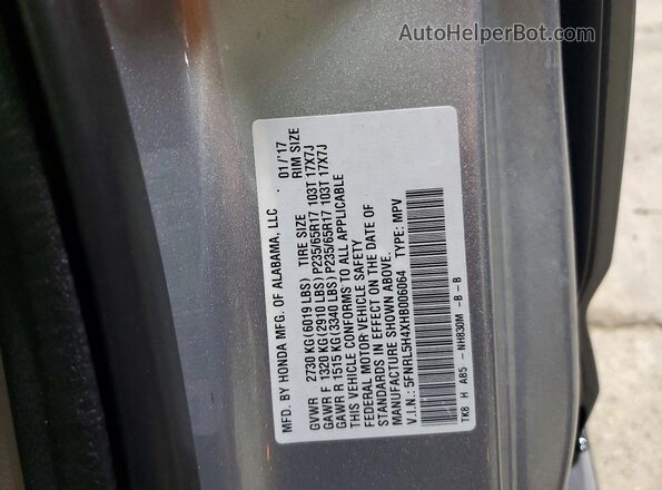 5FNRL5H4XHB006064 2017 HONDA ODYSSEY Silver Սալոնի 360 աստիճան տեսք