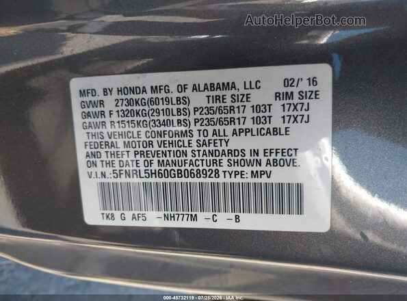 5FNRL5H60GB068928 2016 HONDA ODYSSEY Gray Вид підкапотного простору