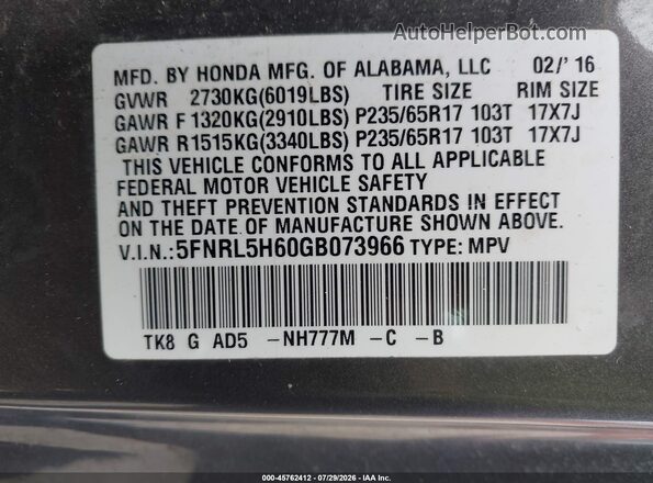 5FNRL5H60GB073966 2016 HONDA ODYSSEY Серый Вид подкапотного пространства