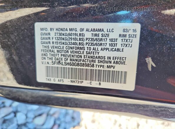 5FNRL5H60GB089858 2016 HONDA ODYSSEY Black VIN կոդի պիտակի տեսք