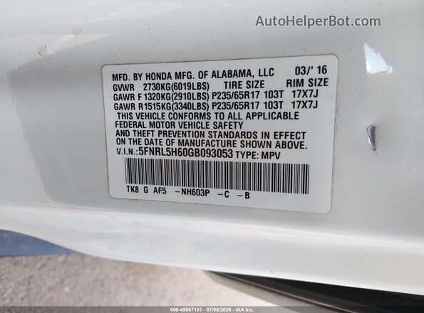 5FNRL5H60GB093053 2016 HONDA ODYSSEY White ძრავის განყოფილების ხედი