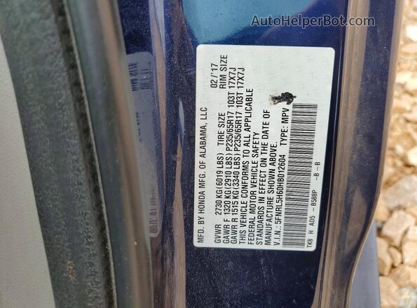 5FNRL5H60HB012604 2017 HONDA ODYSSEY Blue VIN sticker view