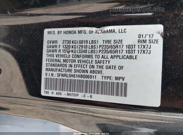 5FNRL5H61HB006911 2017 HONDA ODYSSEY Black Vista del compartimento del motor