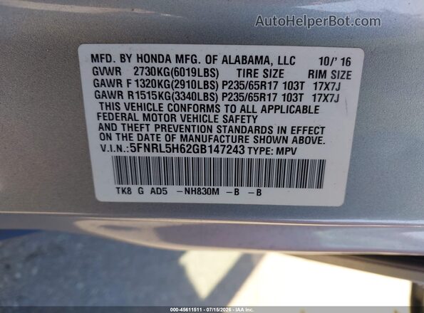5FNRL5H62GB147243 2016 HONDA ODYSSEY Silver Widok komory silnika