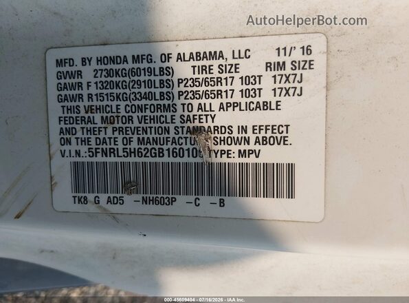 5FNRL5H62GB160106 2016 HONDA ODYSSEY White Вид підкапотного простору
