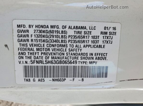 5FNRL5H63GB065649 2016 HONDA ODYSSEY White Widok naklejki z numerem VIN