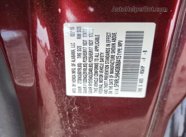 5FNRL5H64GB068415 2016 HONDA ODYSSEY Maroon VIN կոդի պիտակի տեսք